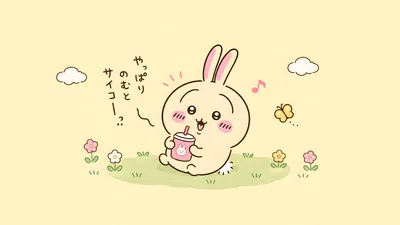 Happy Usagi drinking a beverage on a sunny field for PC Background
