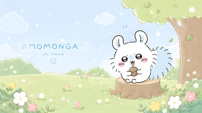 Momonga from Chiikawa sitting on a tree stump in a meadow for PC Wallpaper