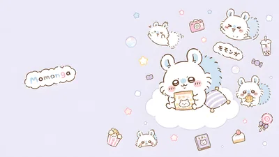 Cute Momonga eating snacks on a soft cloud with stars for PC Wallpaper