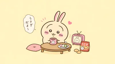 Usagi from Chiikawa drinking tea and eating snacks at a table for PC Wallpaper