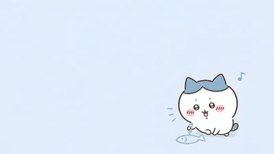 Cute Hachiware from Chiikawa drawing a fish and singing for PC Wallpaper