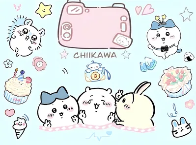 Chiikawa, Hachiware, and Usagi taking photos with a pink camera for PC Wallpaper