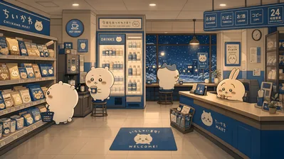 Chiikawa, Hachiware, and Usagi in a snowy convenience store for PC Wallpaper
