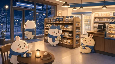 Chiikawa, Hachiware, and Usagi in a cozy winter convenience store for PC Background