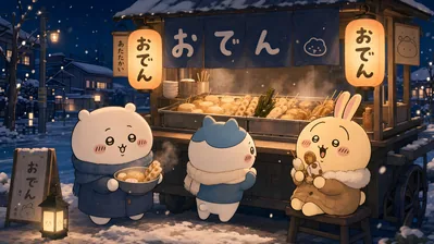 Chiikawa, Hachiware, and Usagi enjoying hot oden in the snowy night for PC Background