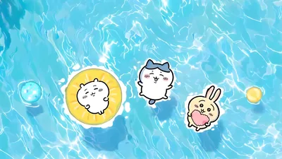 Chiikawa, Hachiware, and Usagi floating in a blue summer pool for PC Background