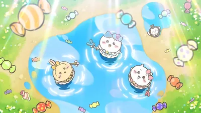 Chiikawa, Hachiware, and Usagi magical girl candy pond scene for PC Wallpaper