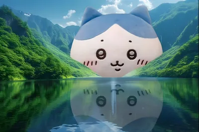 吉伊卡哇系列的小八漂浮在翠綠山間湖泊與水面波紋倒影中的電腦桌布