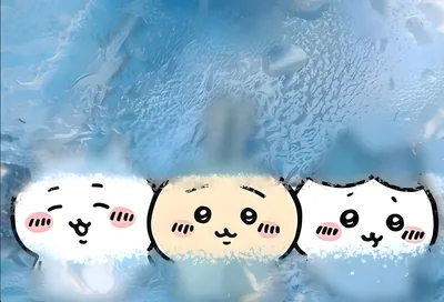 Chiikawa, Usagi, and Hachiware peeking from blue water for PC Wallpaper