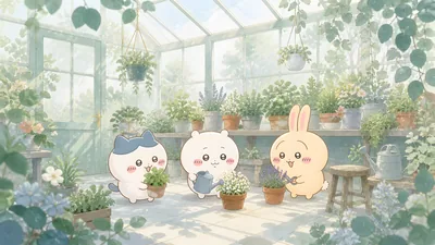 온실에서 즐겁게 원예를 하는 치이카와, 하치와레, 우사기 데스크톱 배경화면