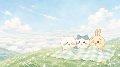 푸른 초원 위 담요를 덮고 있는 치이카와, 하치와레, 우사기 데스크톱 배경화면