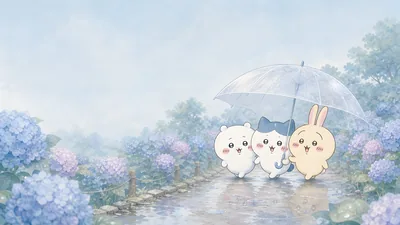 수국이 핀 빗속에서 우산을 쓰고 걷는 치이카와, 하치와레, 우사기 데스크톱 배경화면