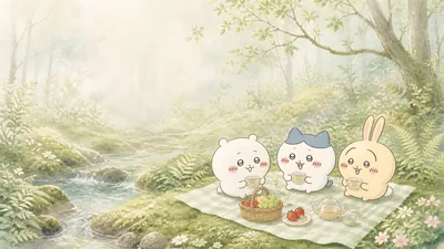 치이카와, 하치와레, 우사기가 아름다운 숲속 냇가에서 소풍을 즐기는 데스크톱 배경화면