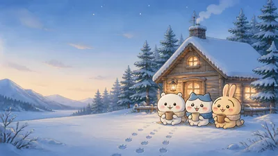 눈 내린 오두막 앞에서 따뜻한 차를 마시는 치이카와, 하치와레, 우사기 데스크톱 배경화면