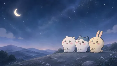 Chiikawa, Hachiware, and Usagi under a starry night sky for PC Wallpaper