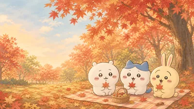 치이카와, 하치와레, 우사기가 가을 단풍 아래서 소풍을 즐기는 데스크톱 배경화면