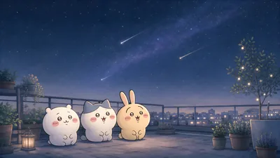 Chiikawa, Hachiware, and Usagi watching shooting stars for PC 4K Image