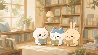 치이카와, 하치와레, 우사기가 햇살 가득한 서재에서 책을 읽는 데스크톱 배경화면