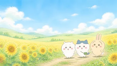 해바라기 밭을 산책하는 치이카와, 하치와레, 우사기 데스크톱 배경화면