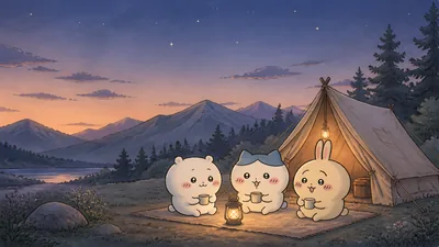 치이카와, 하치와레, 우사기가 아름다운 별밤 아래 캠핑을 즐기는 데스크톱 배경화면