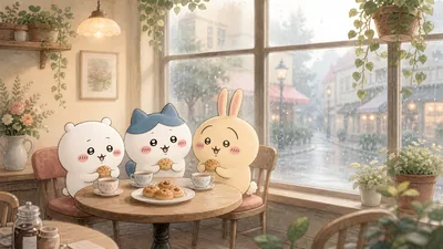 비 오는 날 카페에서 디저트를 맛있게 먹는 치이카와, 하치와레, 우사기 데스크톱 배경화면
