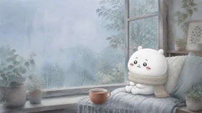 圍著圍巾的吉伊卡哇坐在雨天窗邊享受咖啡時光的療癒系電腦桌布