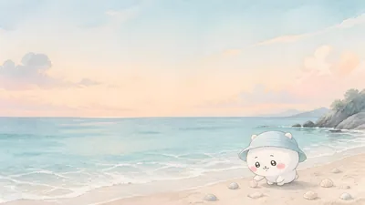 吉伊卡哇在唯美夕陽下的海灘邊撿貝殼的治癒系水彩風格電腦高清桌布