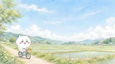 吉伊卡哇在唯美清新的鄉間田野騎著單車帶著花籃的療癒系電腦桌布