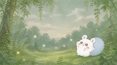 Cute Momonga in a dreamy green forest with fireflies for PC Wallpaper