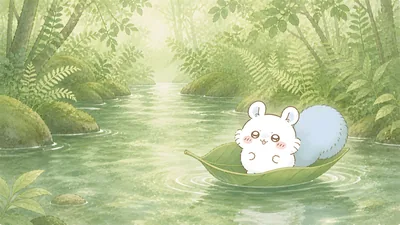 Momonga floating on a leaf in a lush green forest river for PC 4K Image