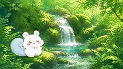 Momonga from Chiikawa in a lush green forest with a waterfall for PC Wallpaper