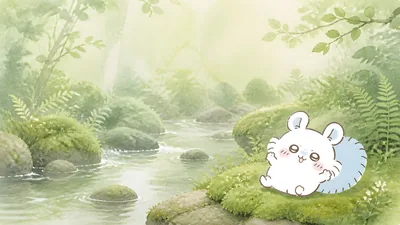 숲속 시냇가에 앉아 여유를 즐기는 귀여운 모몽가 데스크톱 고화질 배경화면