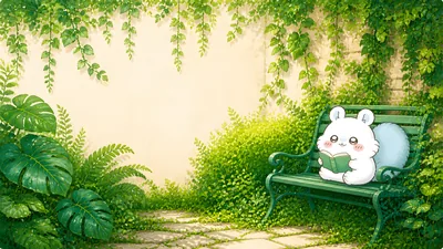 푸른 정원 벤치에서 책을 읽는 귀여운 모몽가 데스크톱 배경화면
