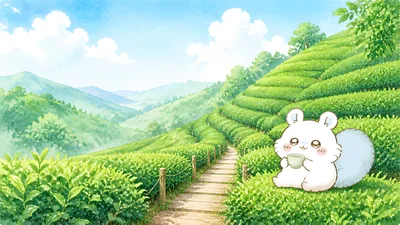 푸른 녹차 밭 풍경 속에서 차를 마시며 휴식하는 모몽가 데스크톱 배경화면