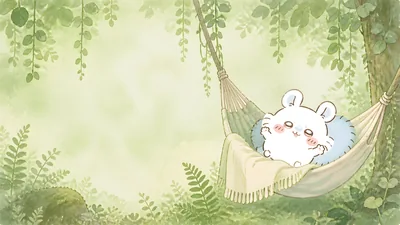 Momonga relaxing in a hammock in the green forest for PC Wallpaper