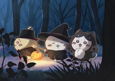 할로윈 코스튬을 입고 밤의 숲속을 산책하는 치이카와, 하치와레, 우사기 데스크톱 배경화면