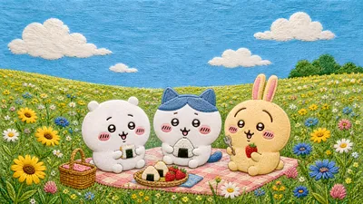 치이카와, 하치와레, 우사기가 꽃밭에서 소풍을 즐기는 데스크톱 배경화면