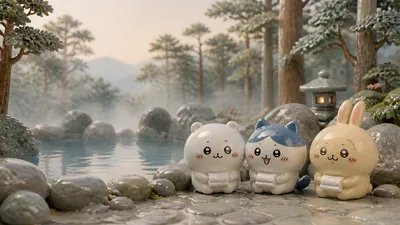 안개 낀 온천에서 수건을 들고 휴식하는 치이카와, 하치와레, 우사기 데스크톱 배경화면