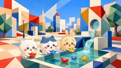 치이카와, 하치와레, 우사기가 분수에서 종이배를 띄우는 데스크톱 배경화면