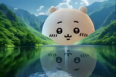 吉伊卡哇在壯麗山間湖泊上空漂浮並帶有水面倒影的唯美意境電腦桌布