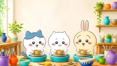 공방에서 도자기를 만드는 치이카와, 하치와레, 우사기 데스크톱 배경화면