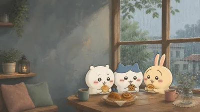 비 오는 날 창가에서 빵을 먹는 치이카와, 하치와레, 우사기 데스크톱 배경화면