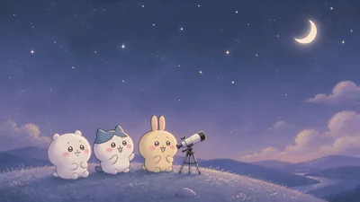 ちいかわ・ハチワレ・うさぎが満天の星空を望遠鏡で眺めるPC壁紙