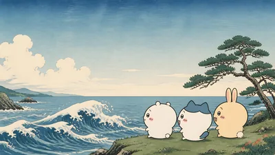치이카와, 하치와레, 우사기가 해변에서 우키요에 스타일 파도를 보는 데스크톱 배경화면