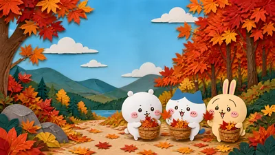 치이카와, 하치와레, 우사기가 단풍이 든 가을 숲에서 잎을 줍는 데스크톱 배경화면