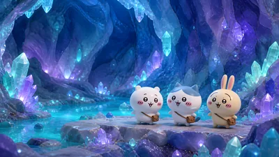 輝くクリスタルの洞窟を冒険するちいかわ・ハチワレ・うさぎのPC壁紙