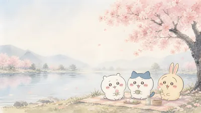 ちいかわ、ハチワレ、うさぎが満開の桜の木の下でピクニックを楽しむPC壁紙