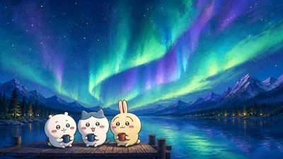 치이카와, 하치와레, 우사기가 환상적인 오로라를 감상하는 데스크톱 고화질 배경화면