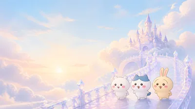 치이카와, 하치와레, 우사기가 꿈같은 구름 위 성을 걷는 데스크톱 배경화면