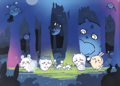 Chiikawa, Hachiware, Usagi, Momonga in mysterious night forest for PC Wallpaper